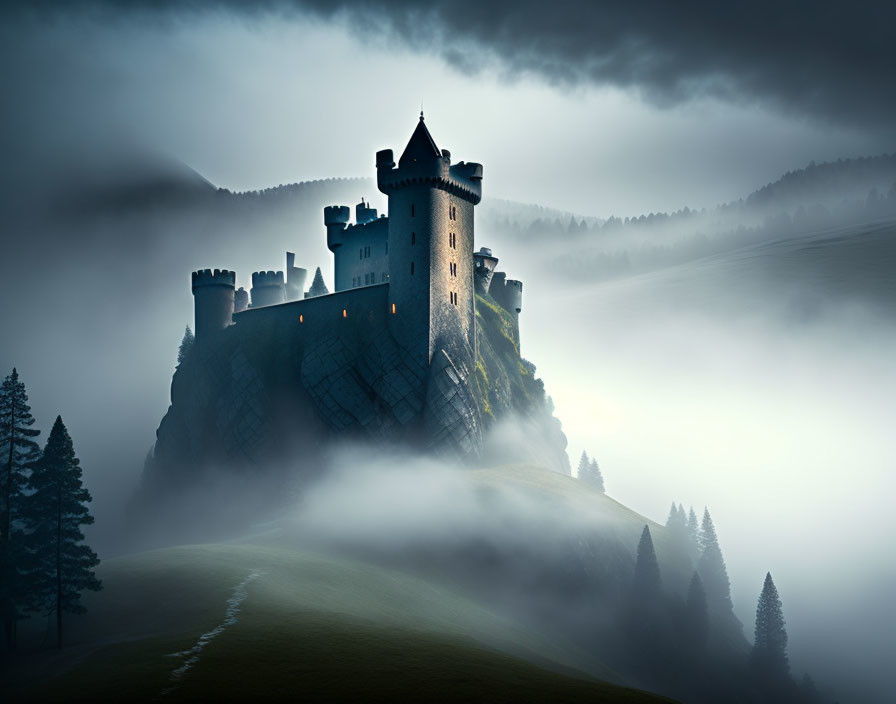 Mysterious castle on misty hill under dimly lit sky