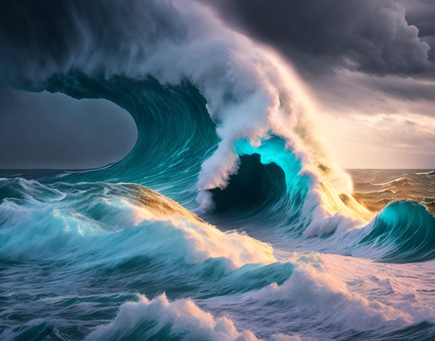 Curling Wave in Turquoise and Deep Blue under Dramatic Sky