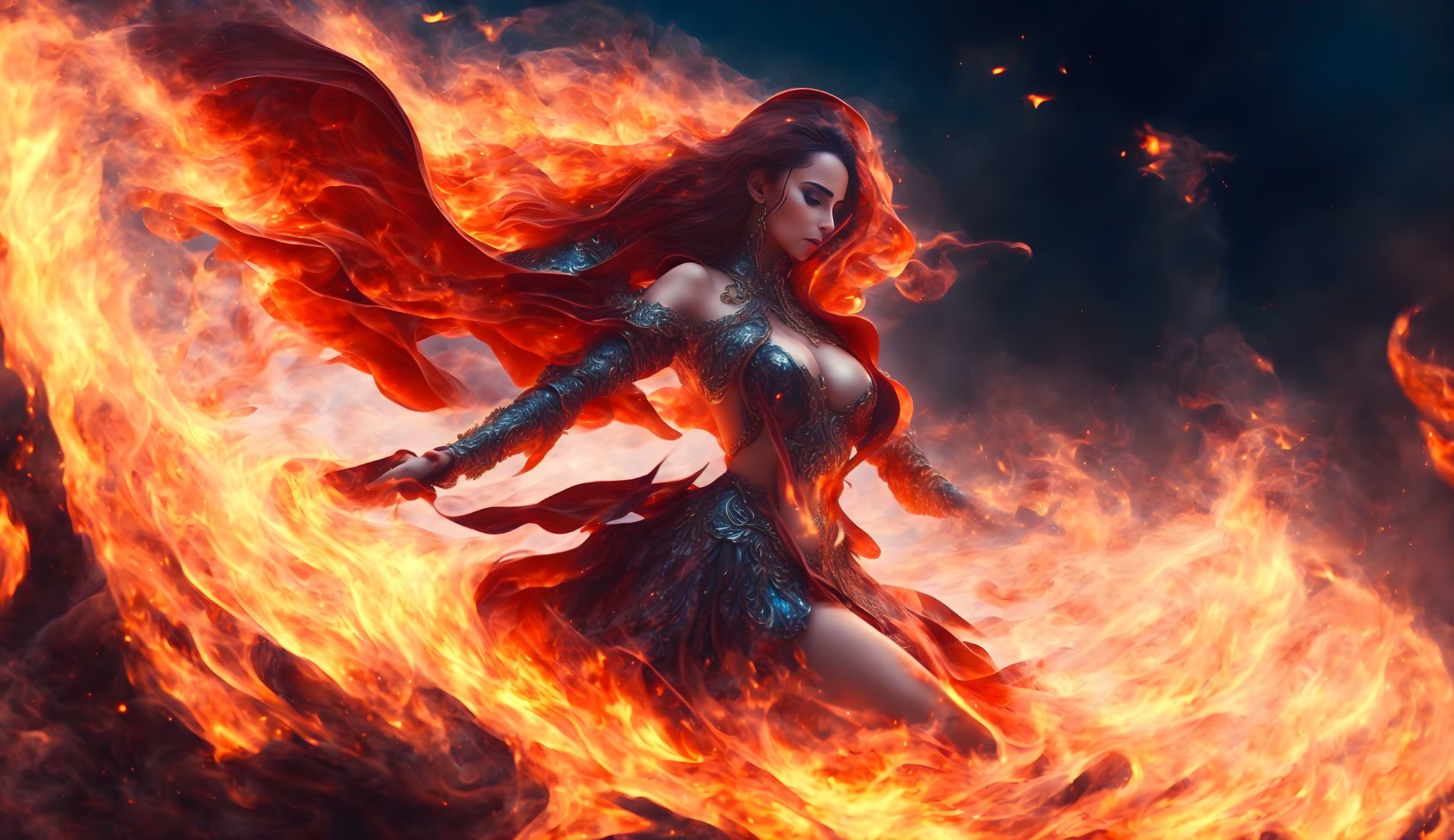 Fantasy Scene: Female Character in Flames with Red Hair