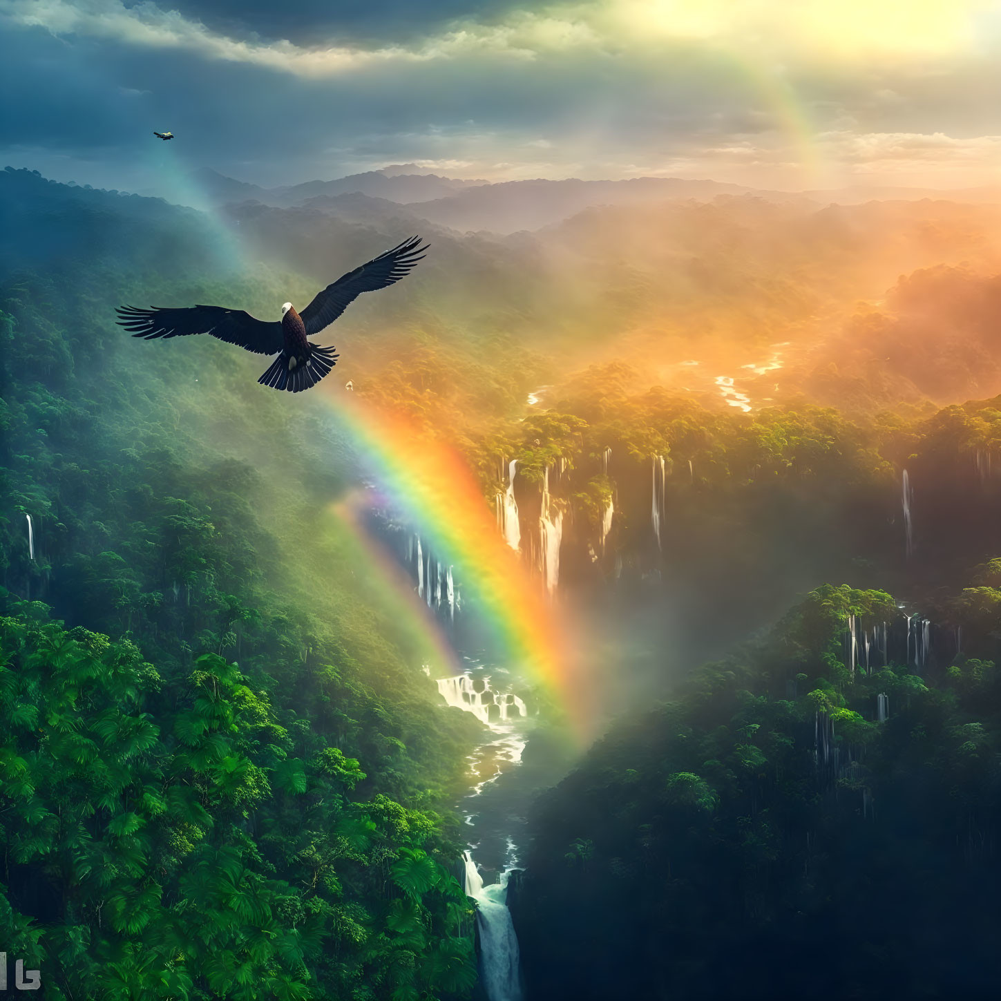 Majestic bird flying over vibrant rainforest with waterfall and rainbow