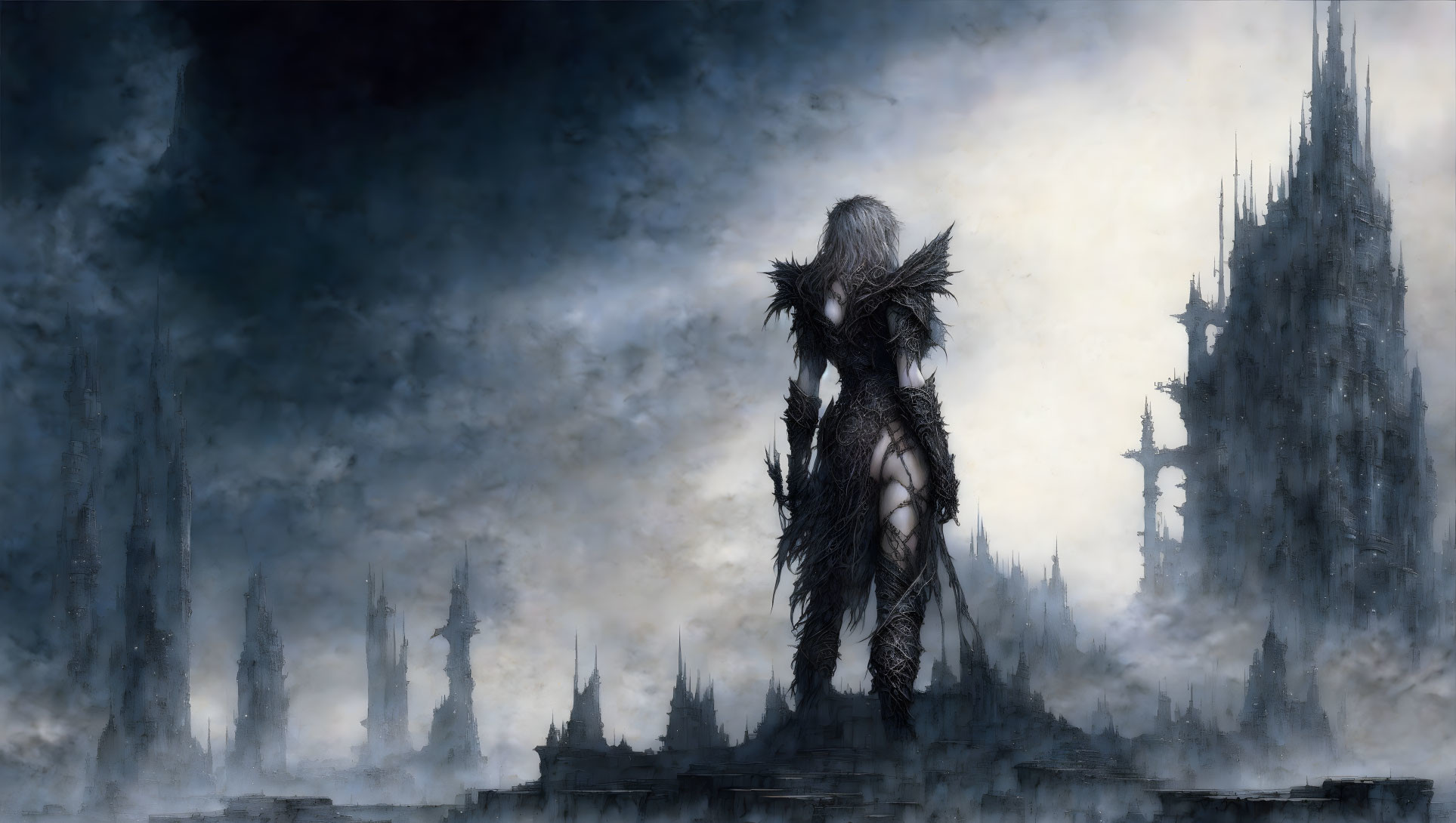 Mysterious figure in ornate armor against spire-filled landscape