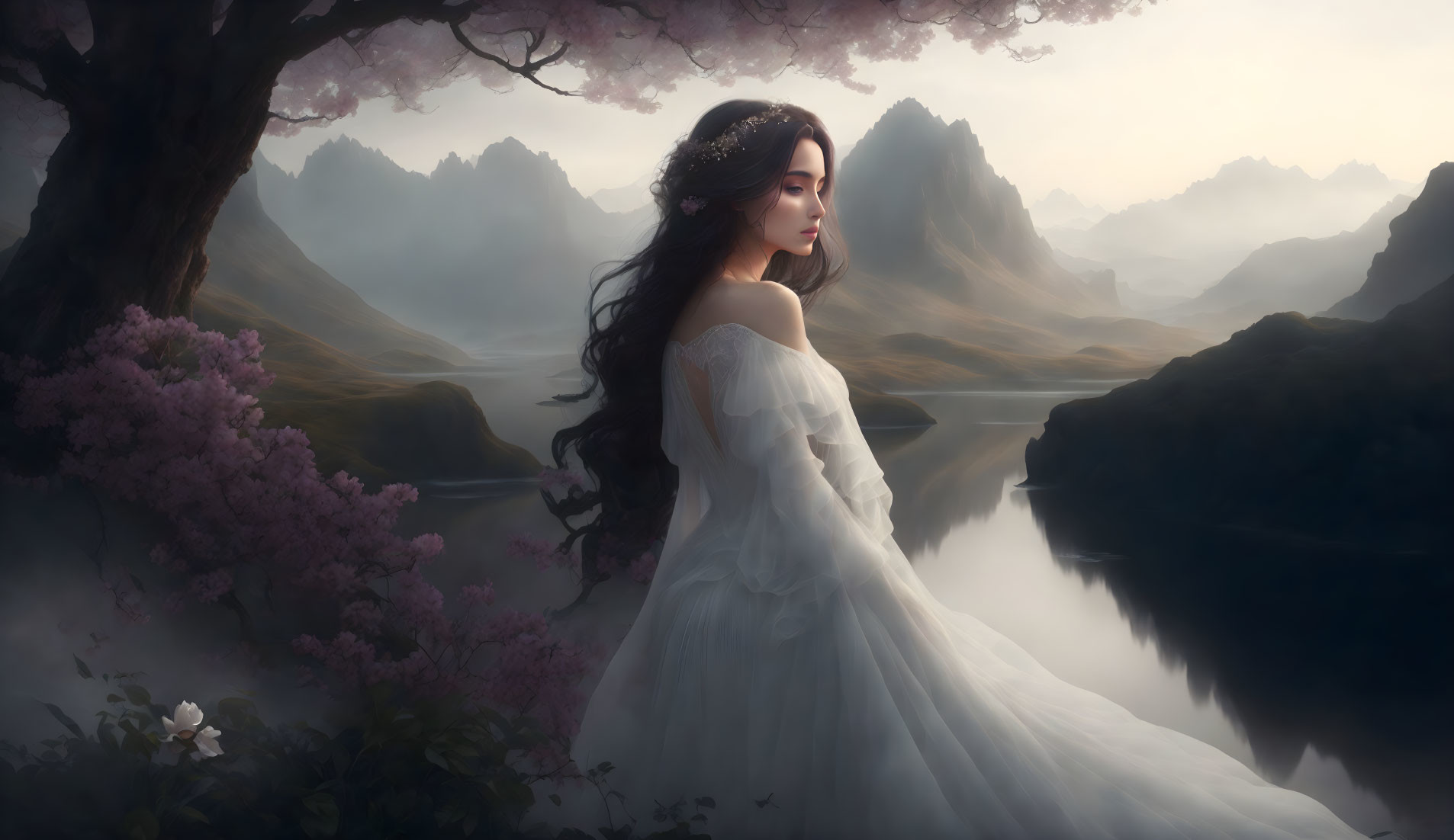 Woman in white dress surrounded by pink trees, mountains, and lake at dusk