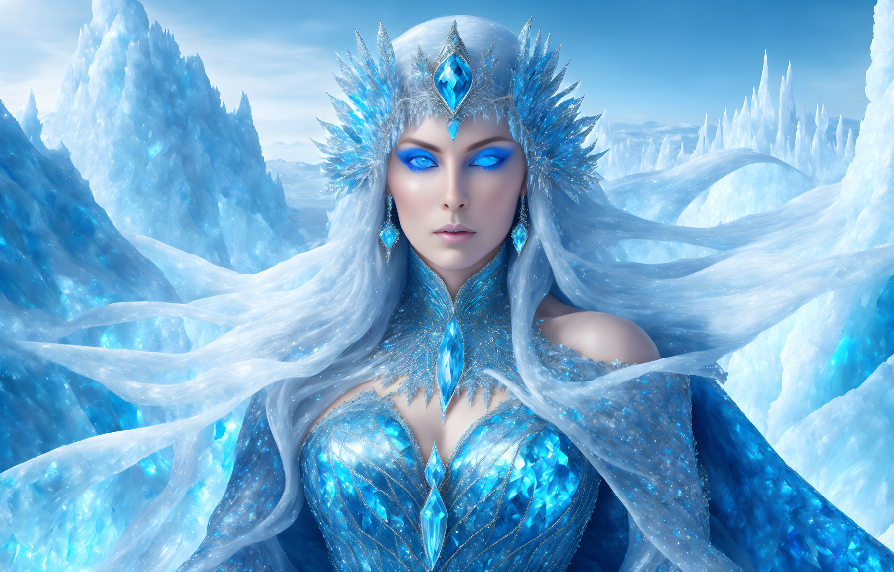 Mystical ice queen with blue eyes in crystalline crown and armor