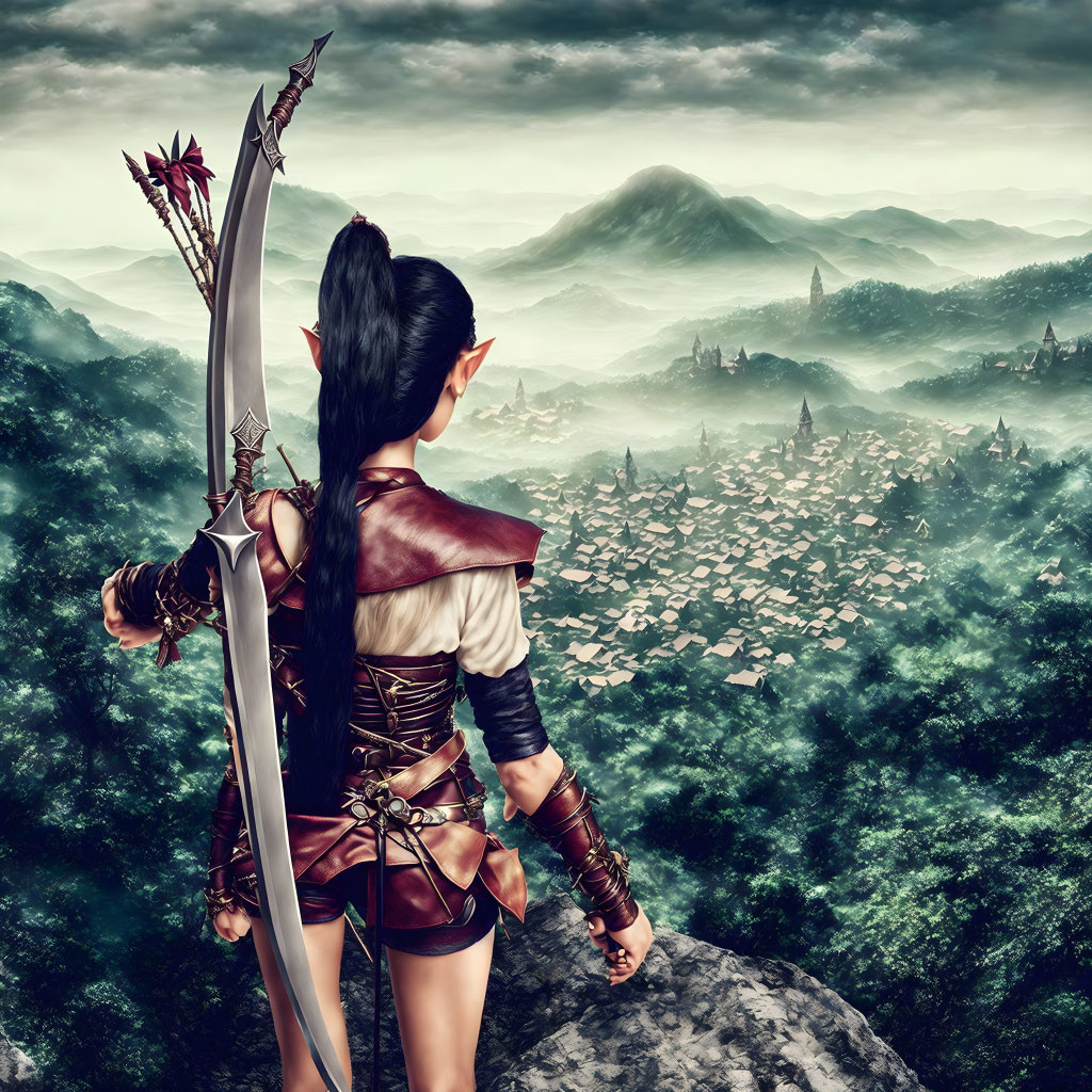 Female warrior in fantasy armor overlooking misty landscape with mountains and villages holding spear with red flag