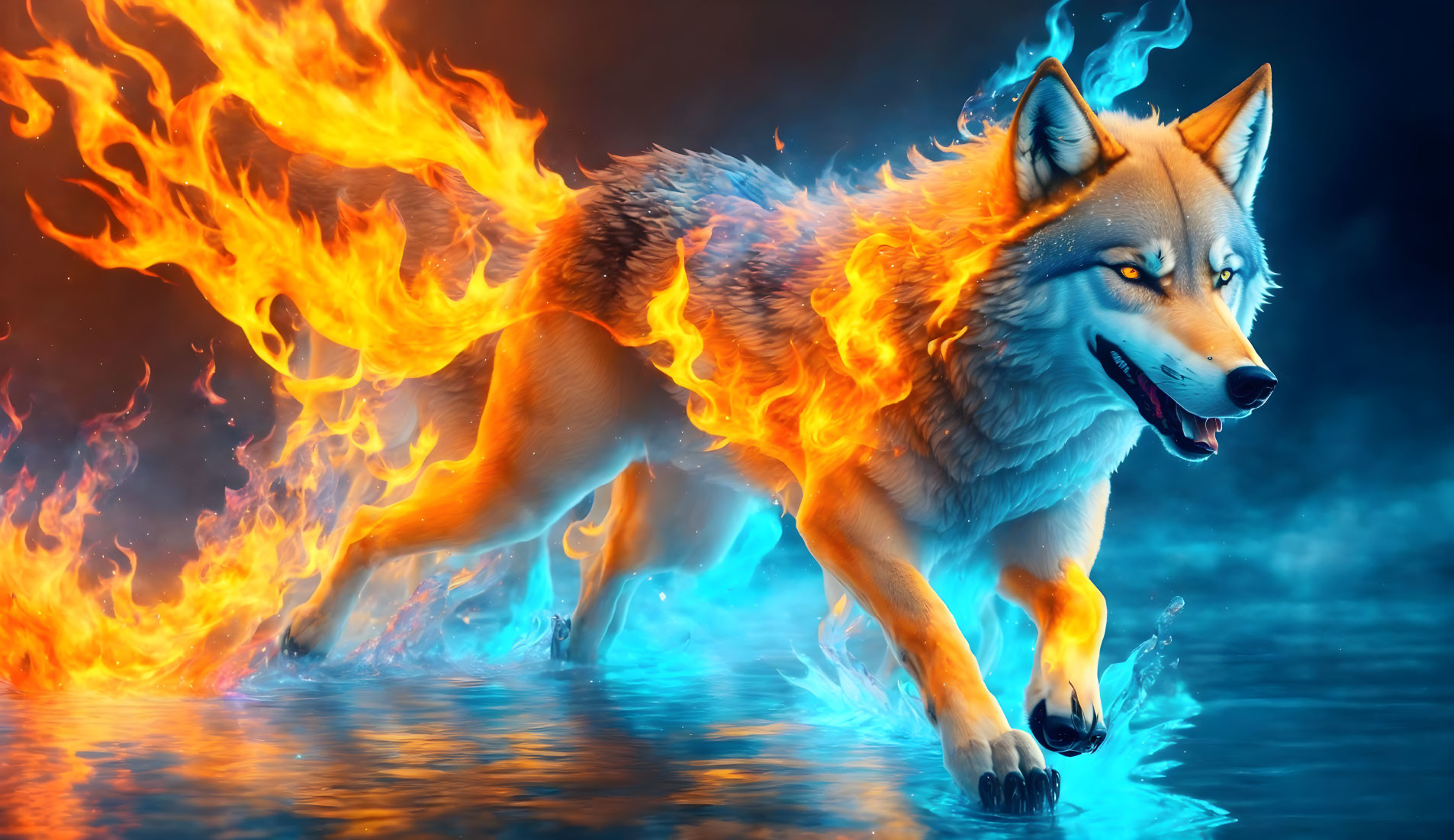 Digital artwork: Wolf engulfed in flames, walking on water, vibrant blue and orange backdrop