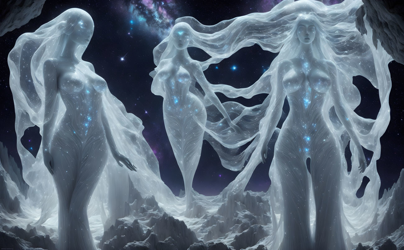 Three ghostly figures in flowing gowns against cosmic nebula background