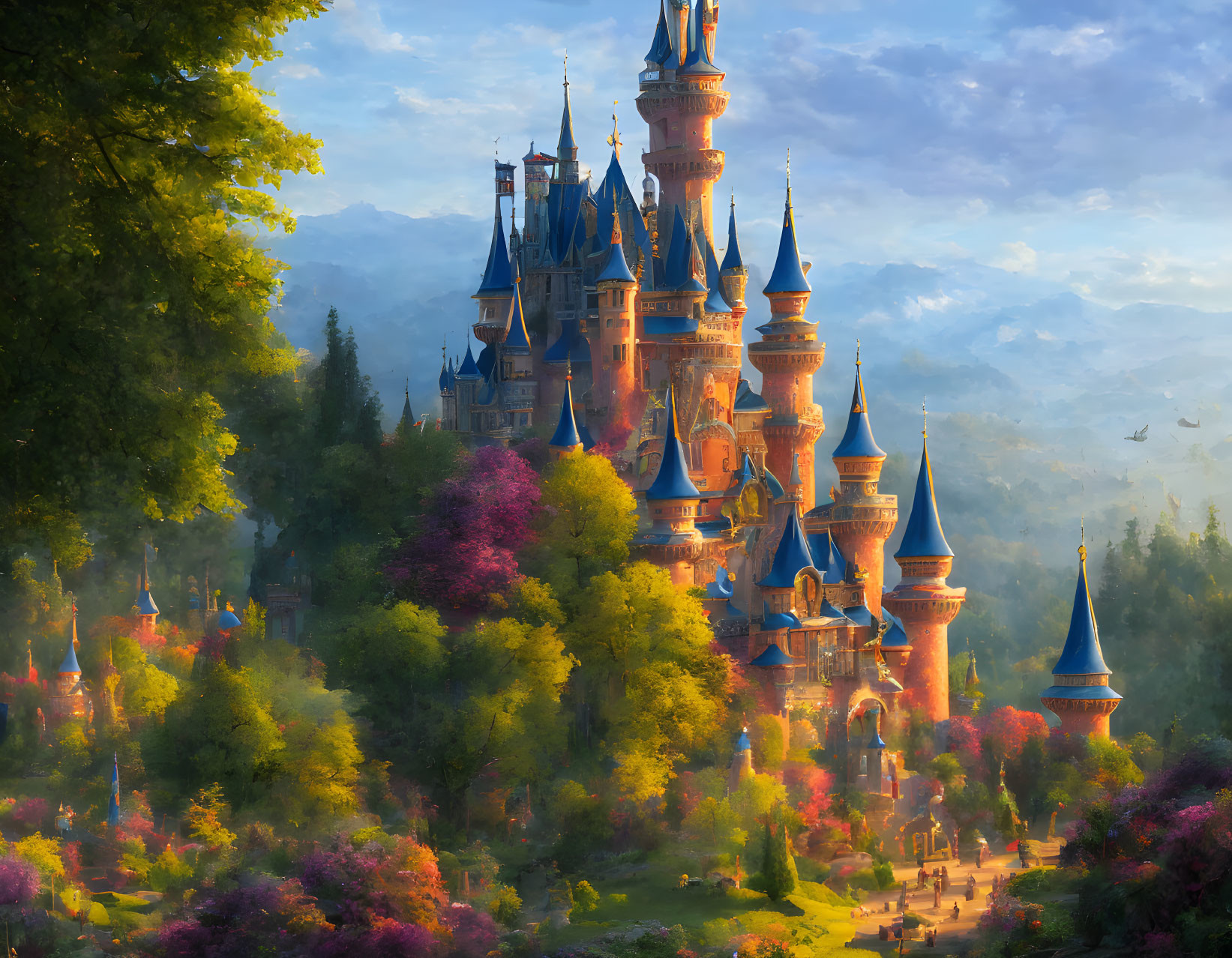 Vibrant forest castle under warm sunlight