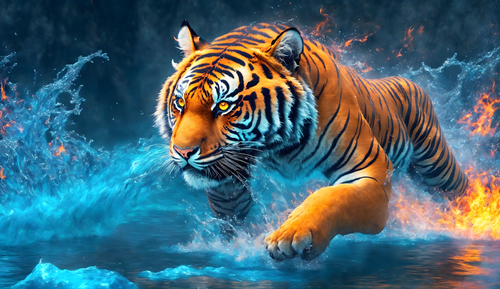 Striking Tiger Swimming in Flames on Dark Background