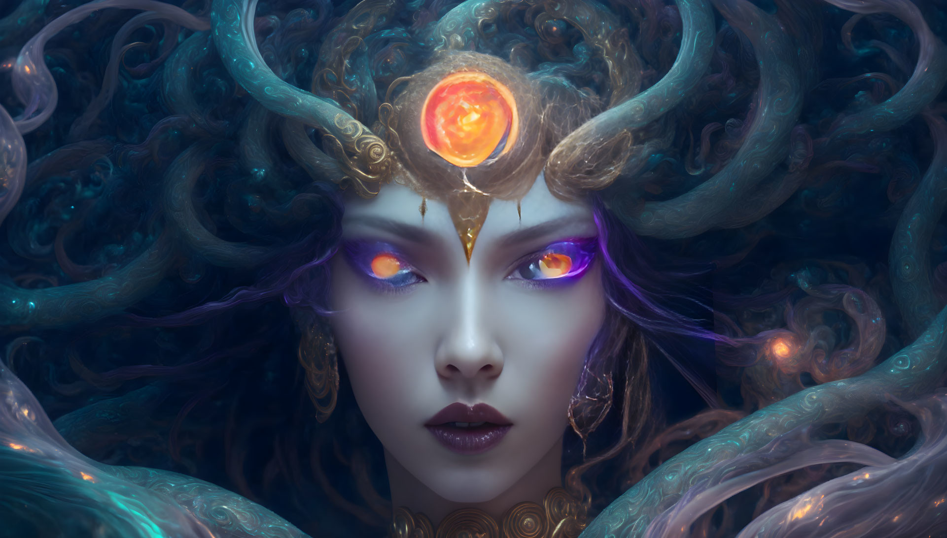 Purple-skinned female figure with glowing orange eyes and ornate headdress.