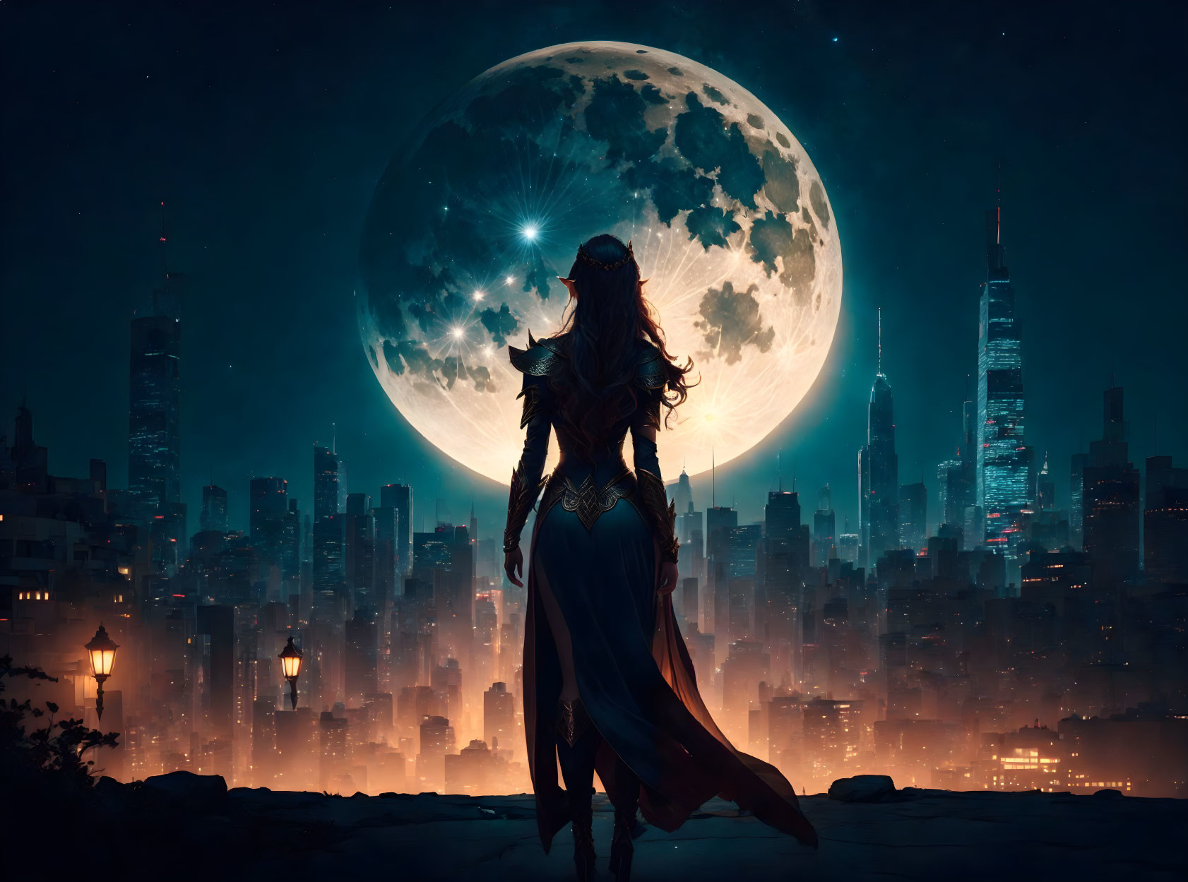 Silhouetted figure admiring futuristic cityscape with detailed moon