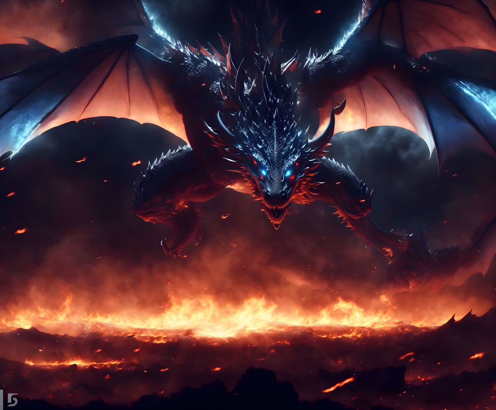 Dark dragon with glowing blue eyes flying over fiery landscape