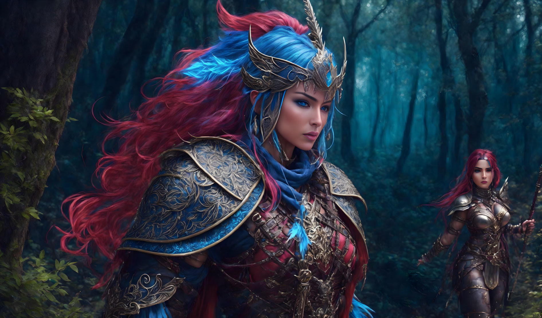 Digital artwork: Two female warriors in blue and red armor, mystical forest backdrop