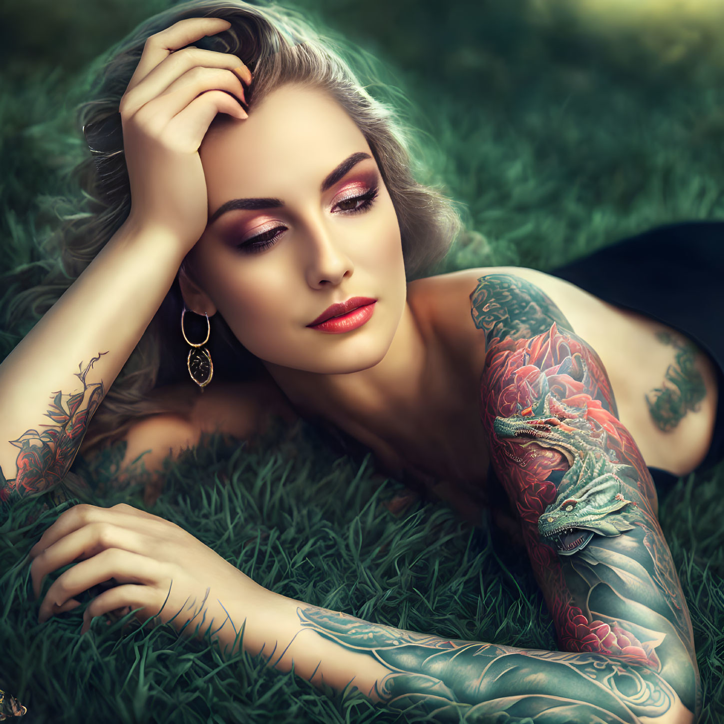 Tattooed woman with elegant makeup and earring lying on grass