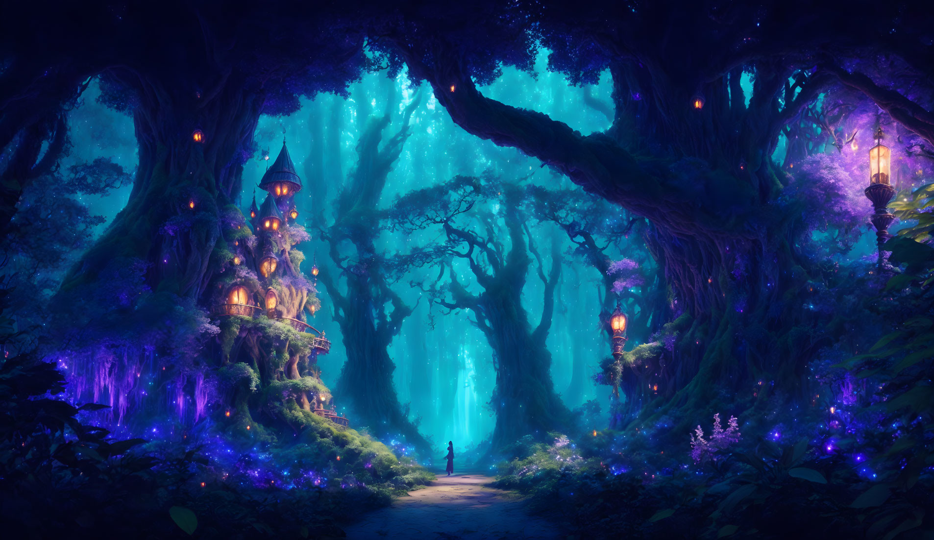 Enchanted forest with glowing flora and mystical structures under blue light