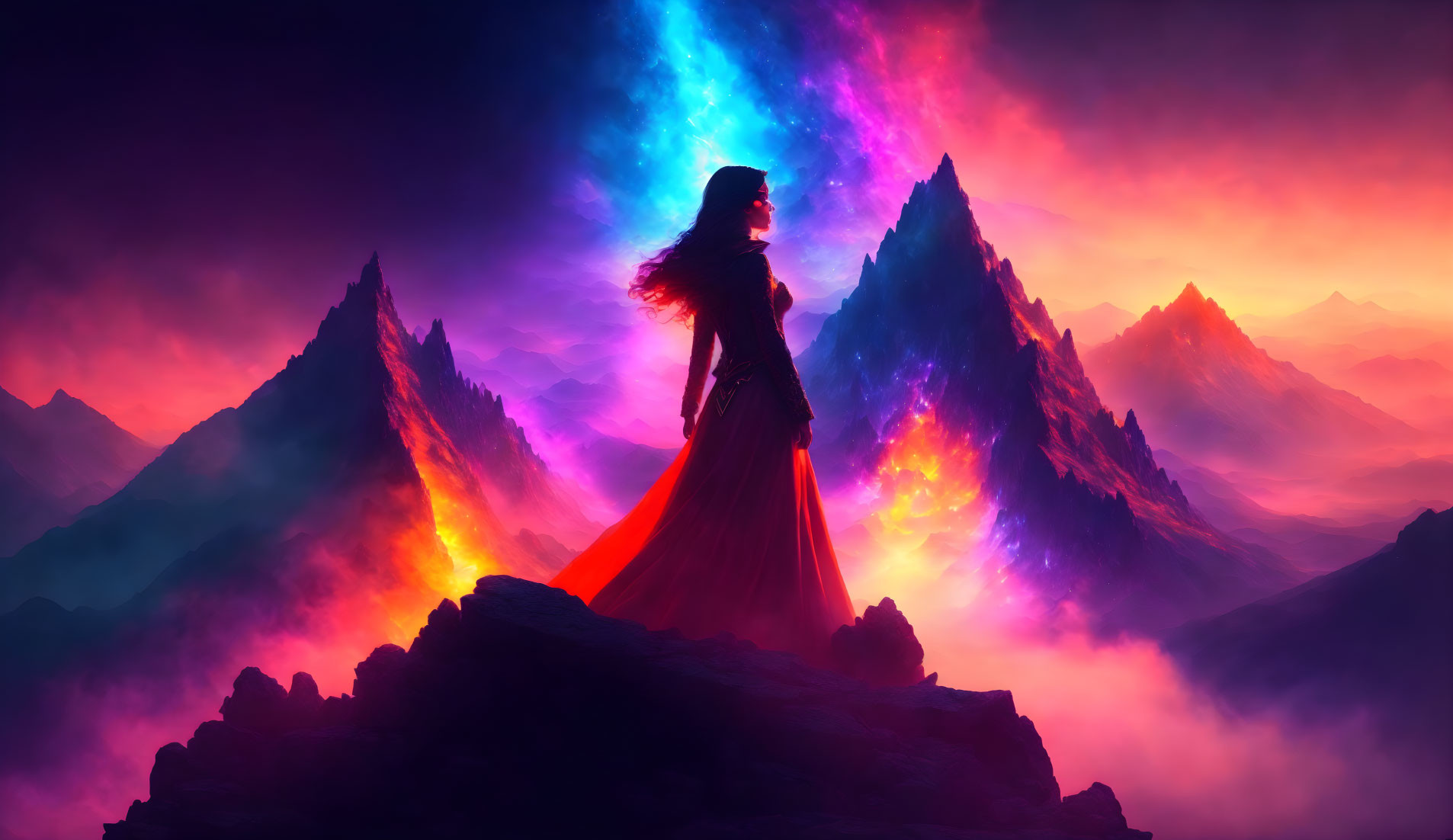 Woman in Red Dress Gazes at Colorful Nebula Sky above Mountains