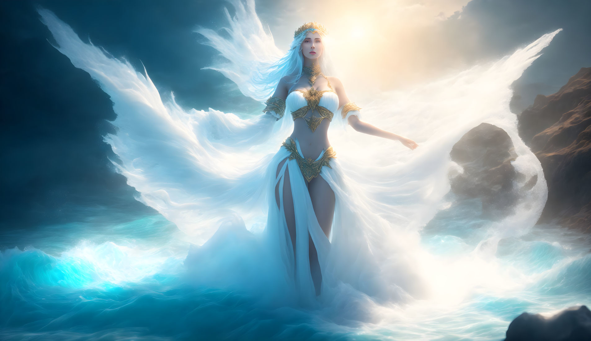 Blue-haired woman in golden attire emerging from misty waters with light wings against rocky backdrop