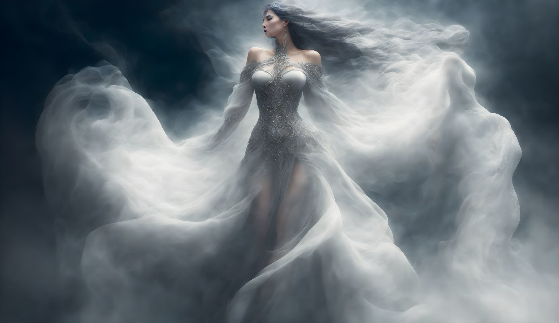 Woman in White Gown Surrounded by Mist: Surreal and Ethereal