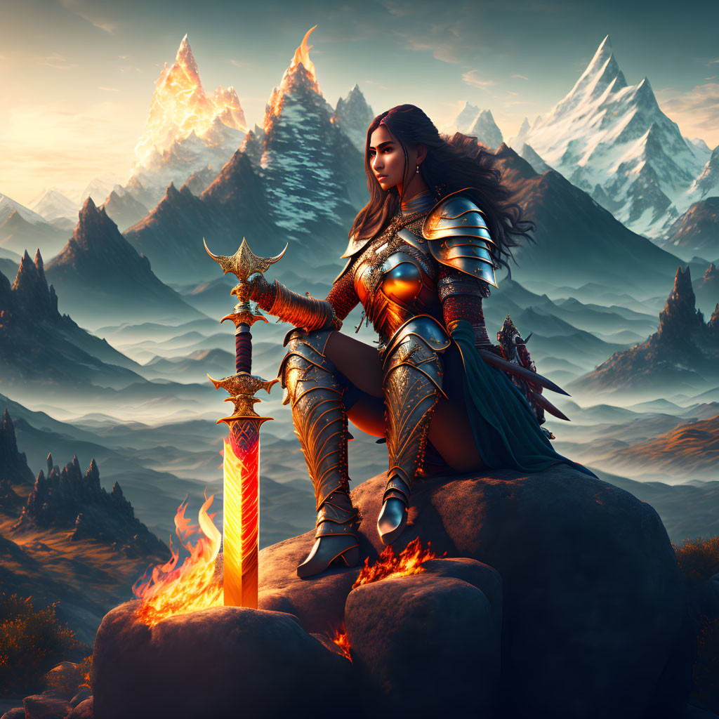 Digital artwork of female warrior in ornate armor with flaming sword on rock in fantasy landscape at dusk