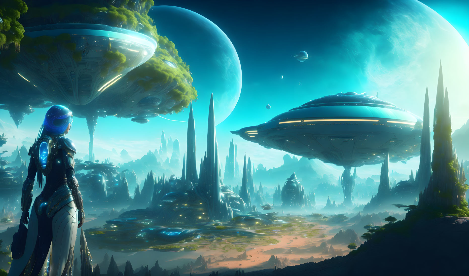 Futuristic landscape with woman, spaceships, planets, spires, vegetation, blue sky