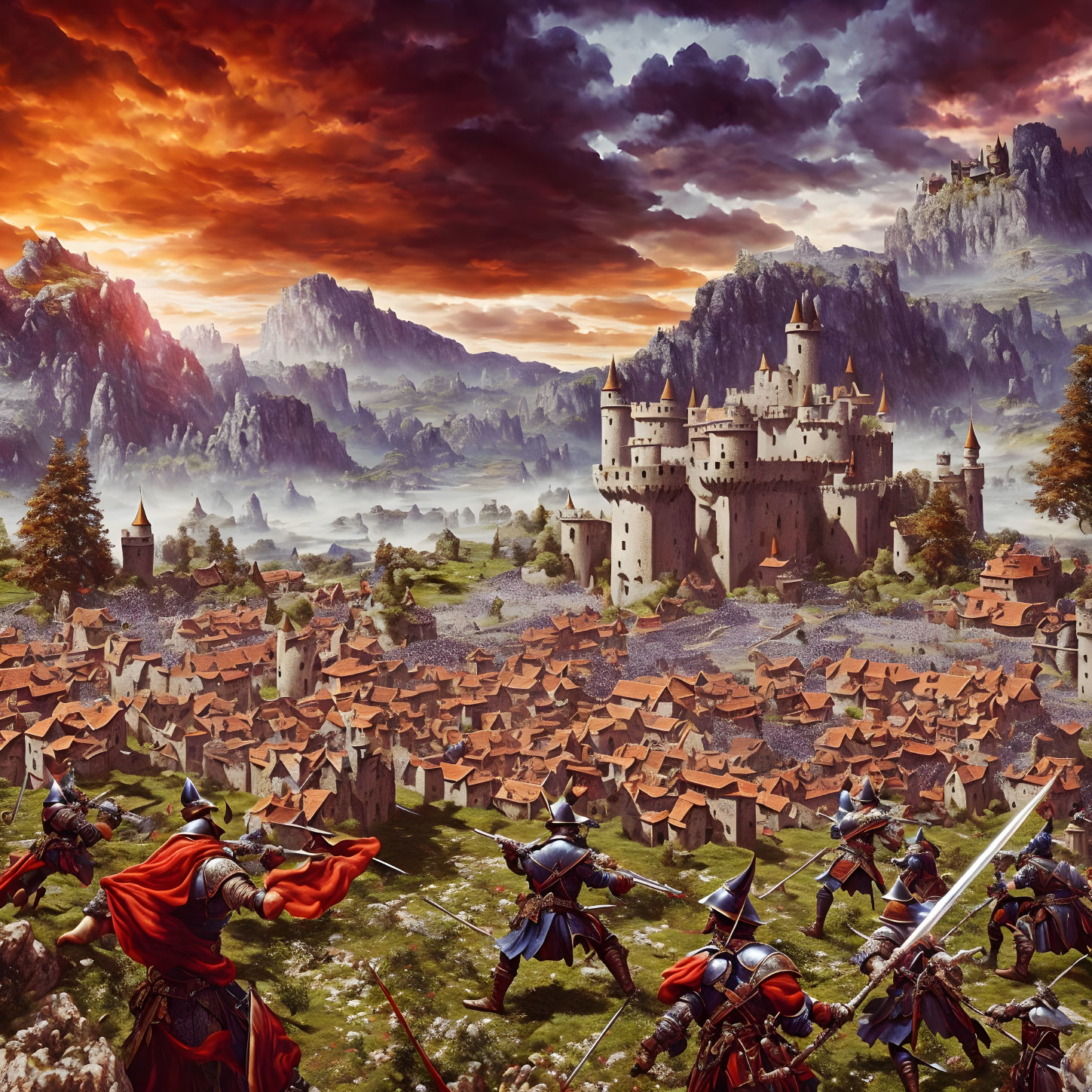 Medieval knights battle in village with castle and mountains at fiery sunset.