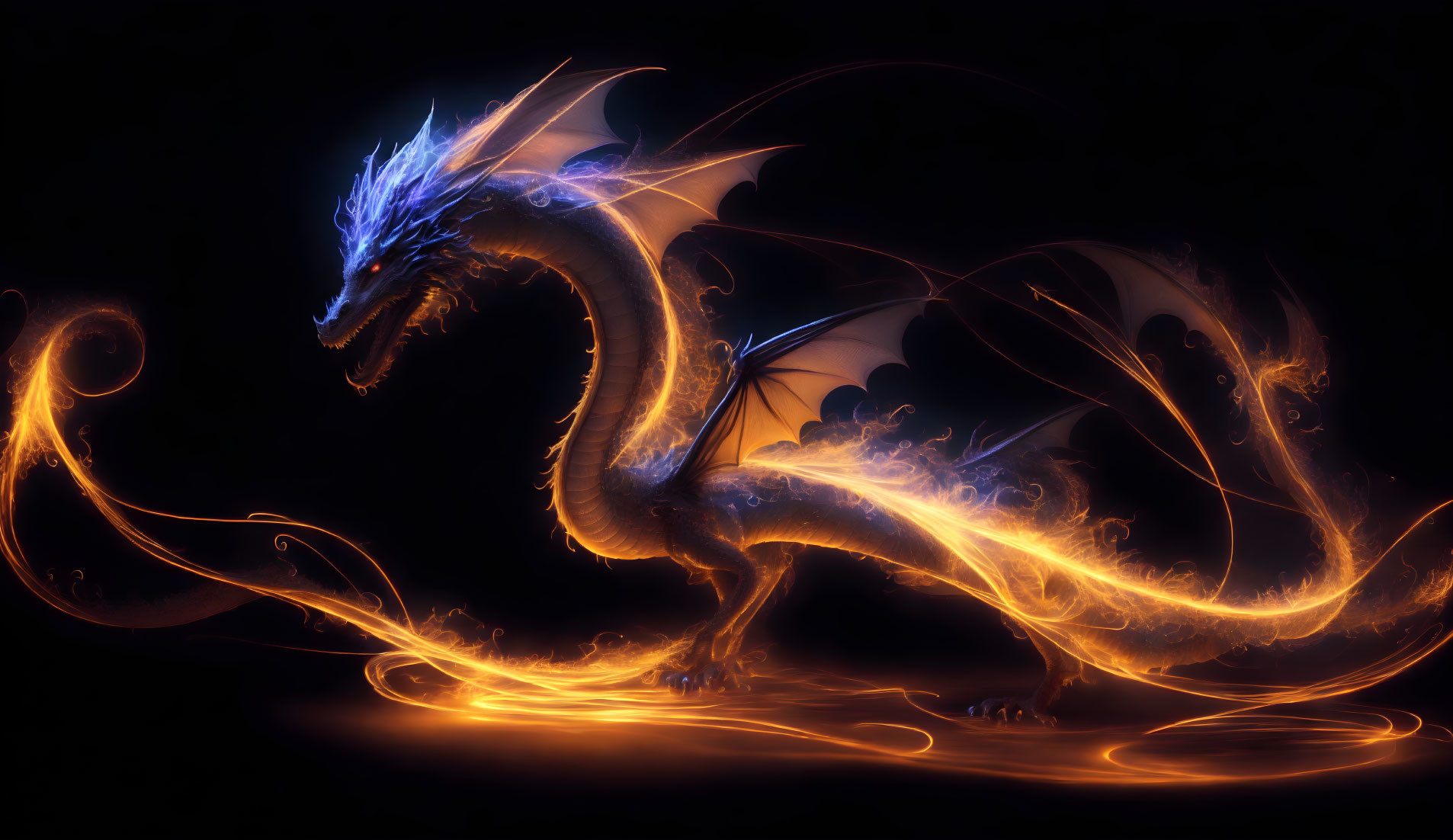 Majestic fiery dragon with glowing blue eyes in digital art