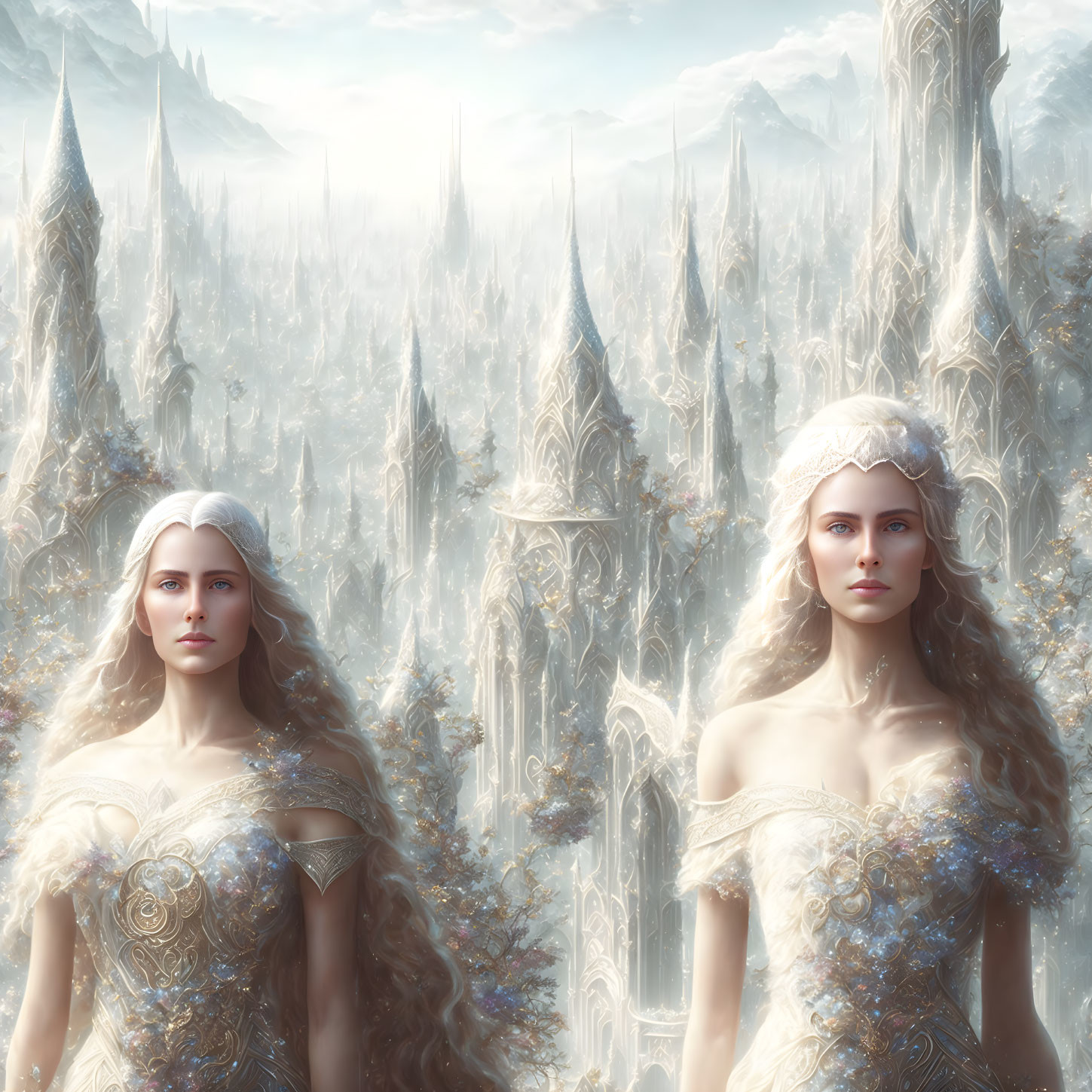 Ethereal women in elaborate gowns before fantastical city landscape