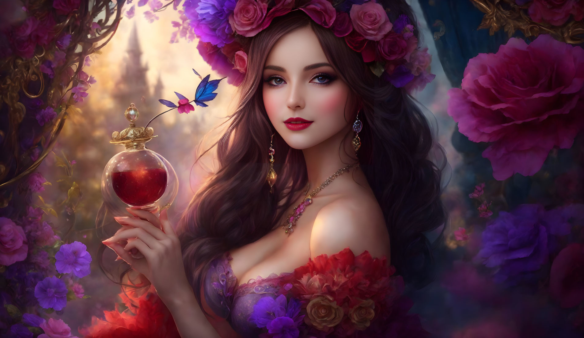 Fantastical woman with purple flowers holding potion bottle and butterfly in rose backdrop