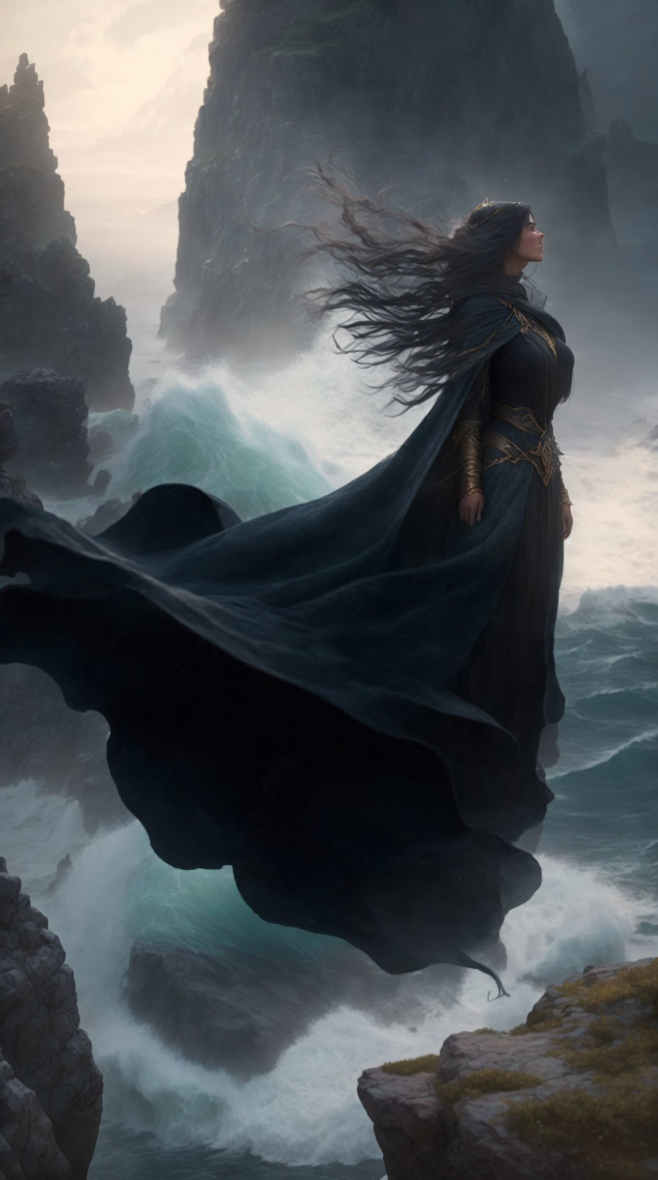 Majestic woman in dark cape on cliff above turbulent sea waves