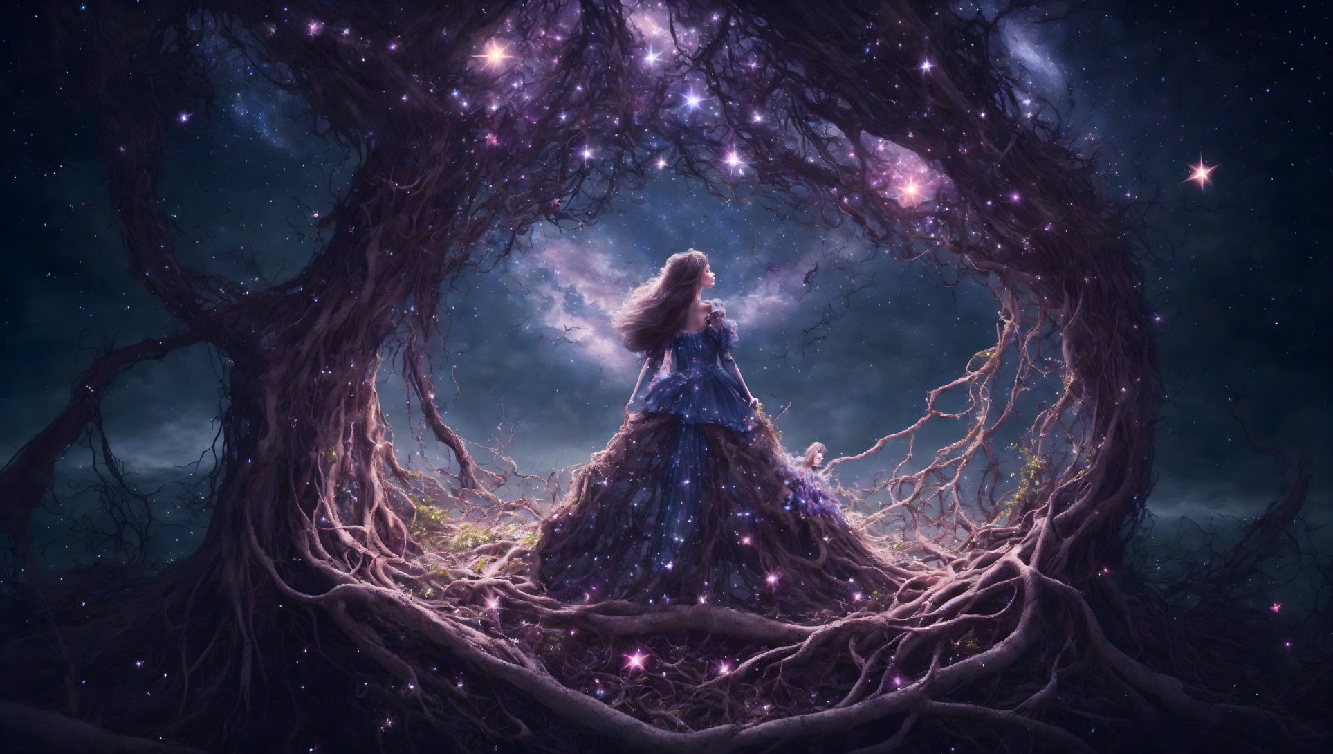 Woman in Starry Gown Among Twisted Trees and Ethereal Lights