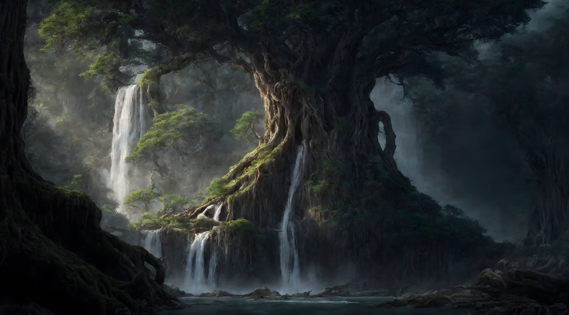 Ancient forest waterfall with misty trees and serene river