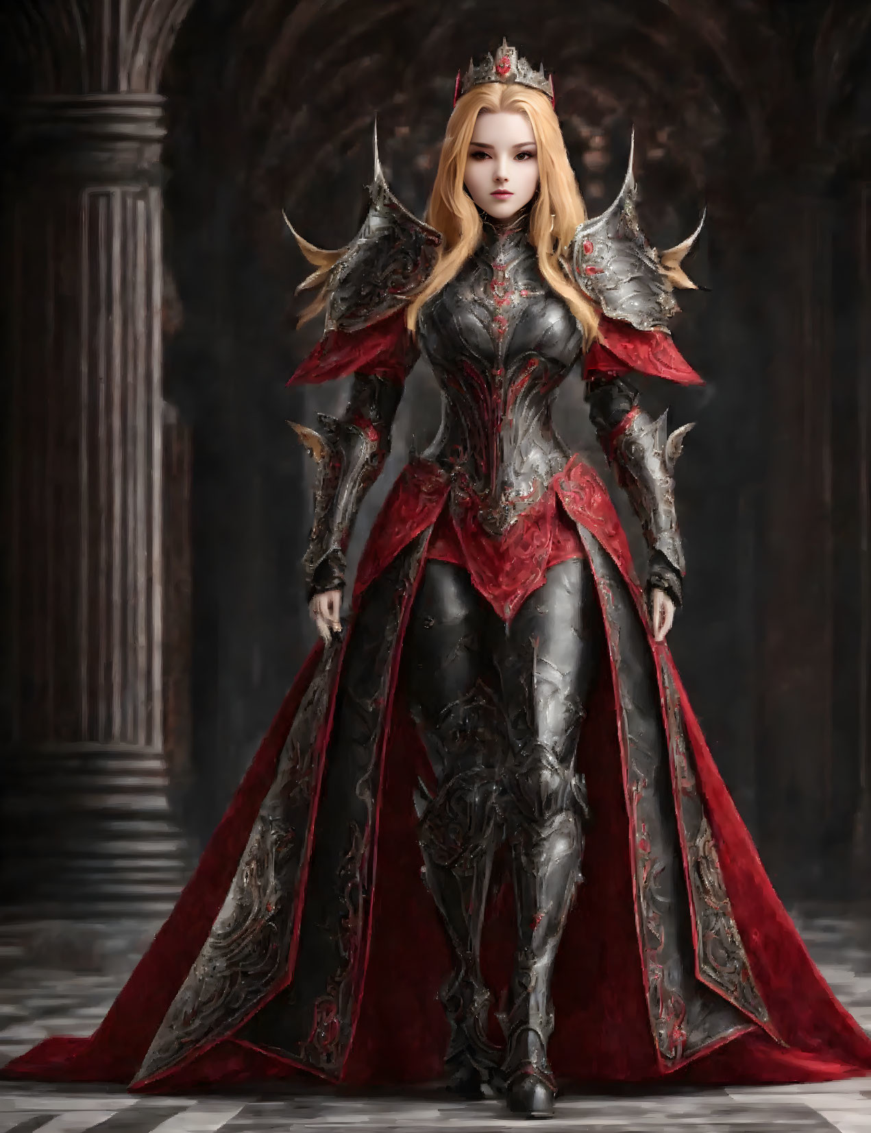 Regal figure in silver and red armor with long cape in elegant, dark hall