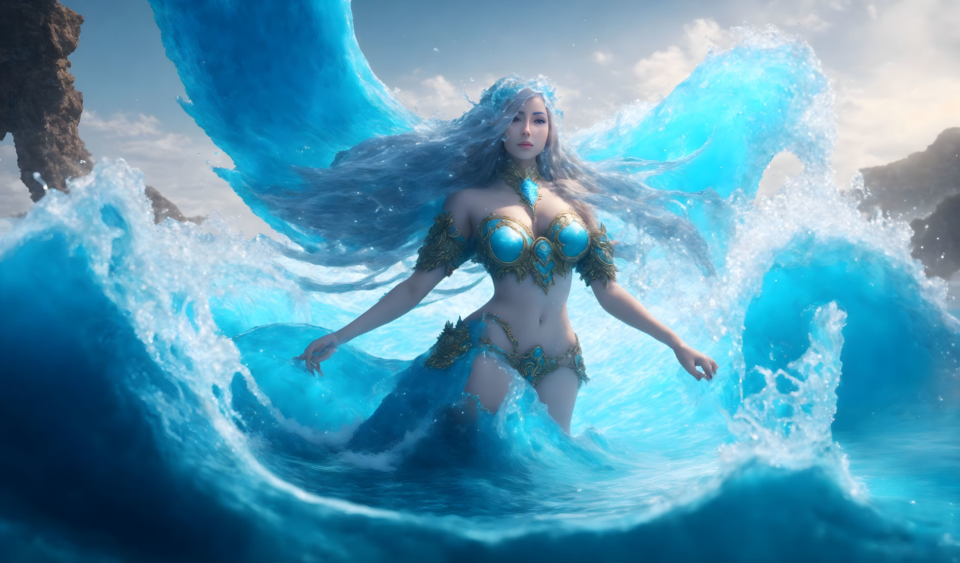 Fantastical image of woman with long hair in aquatic attire surrounded by water tendrils