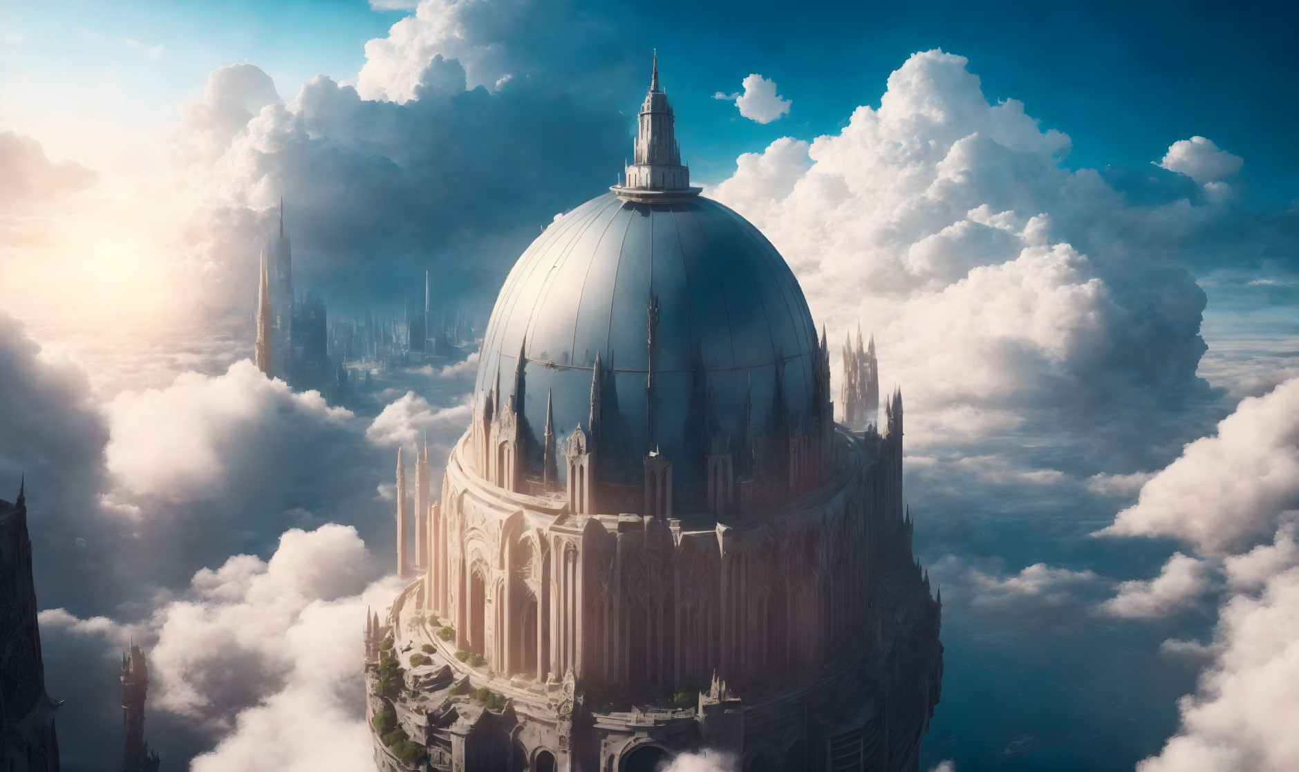 Fantastical cityscape with grand dome structure in soft sunlight