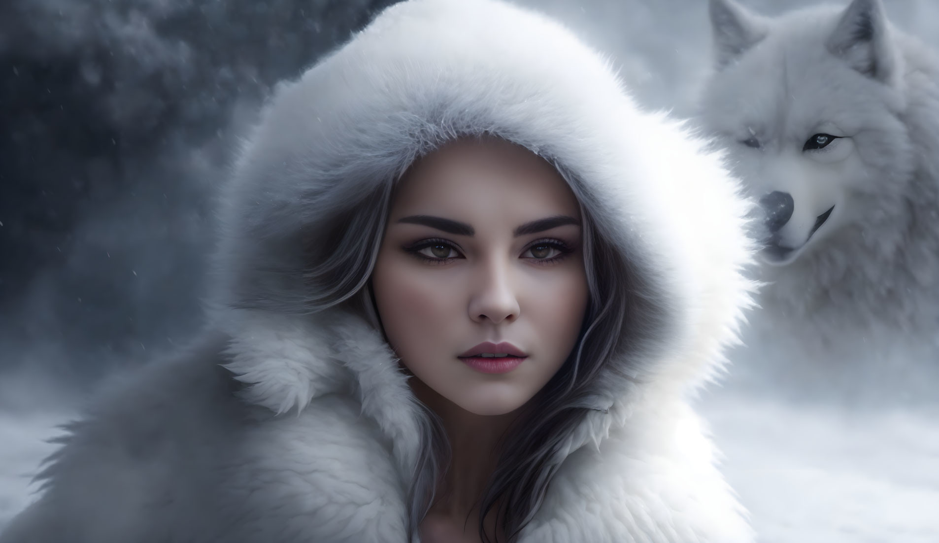 Woman in white fur hood with intense eyes and white wolf in snowy background