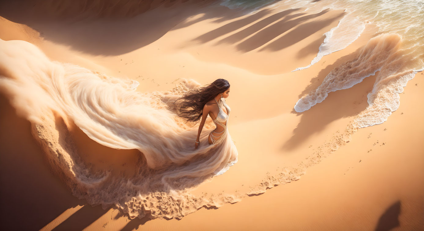 Flowing-haired woman on sand dune blends with sea waves