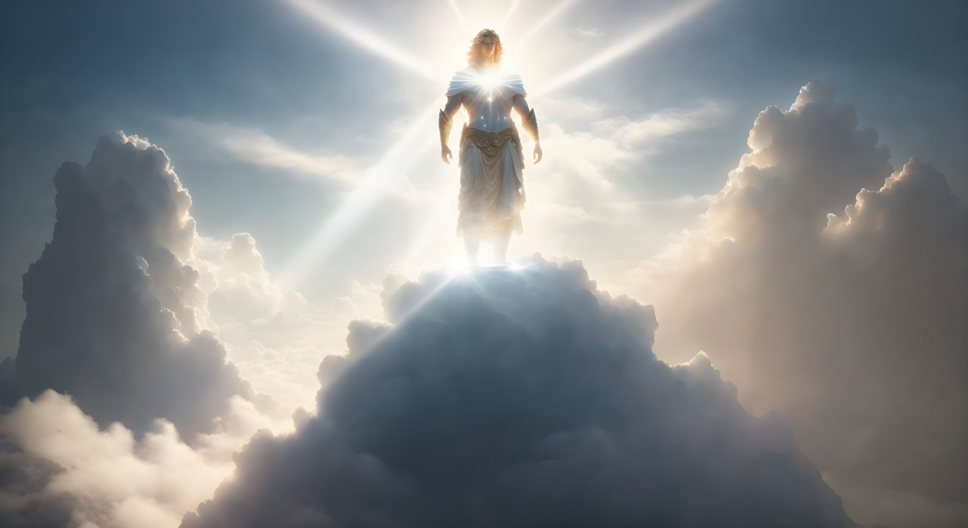 Figure with Radiant Light Head on Cloud Surrounded by Sunbeams