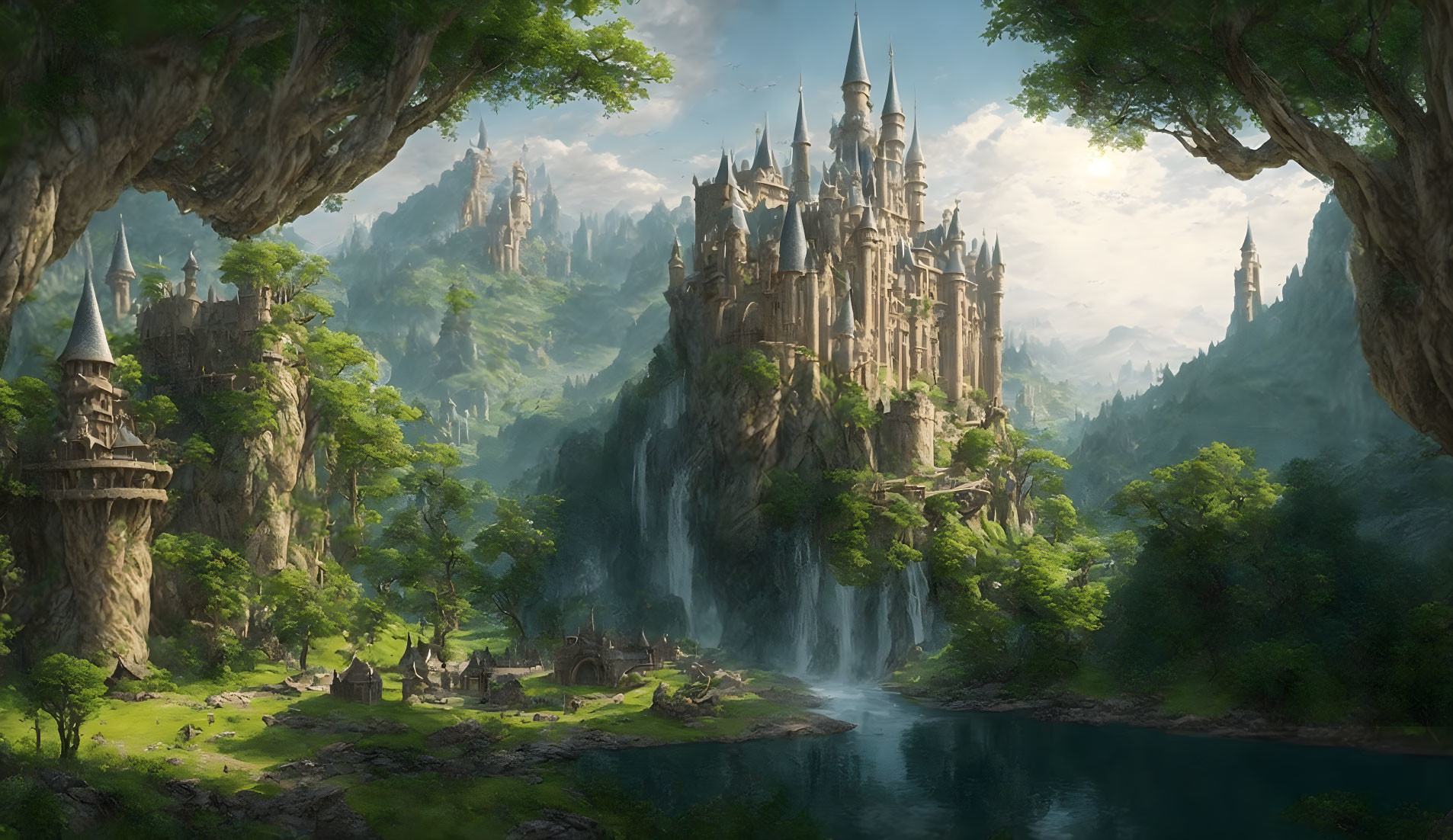 Elaborate castle on waterfall in lush fantasy landscape