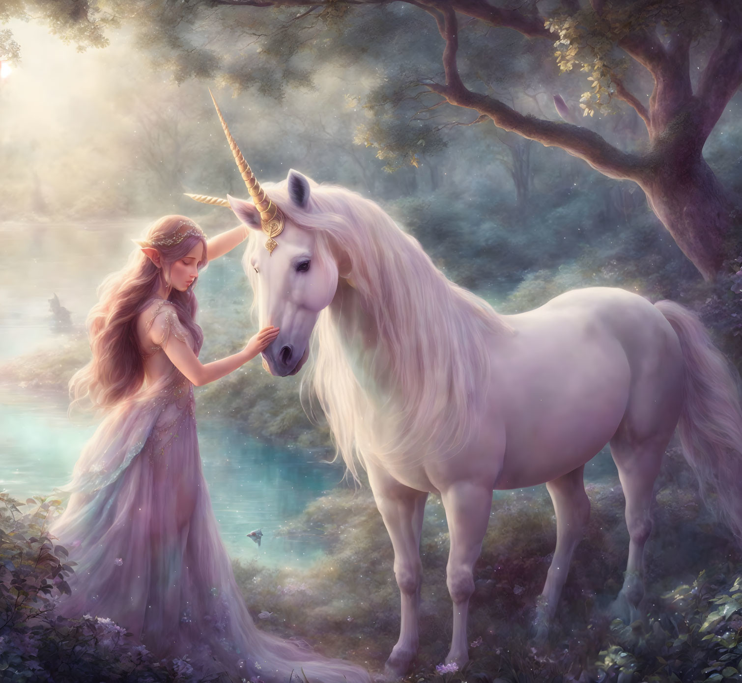 Woman in flowing gown touching unicorn in mystical forest clearing