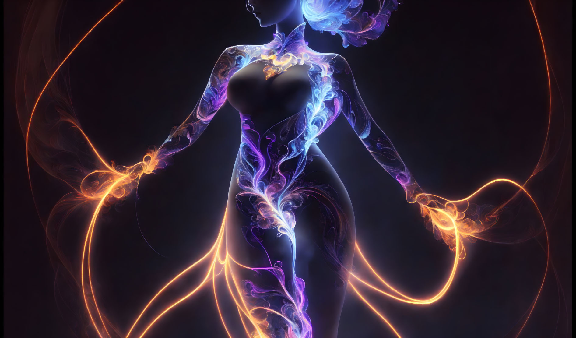 Female silhouette in luminous purple and yellow energy lines.