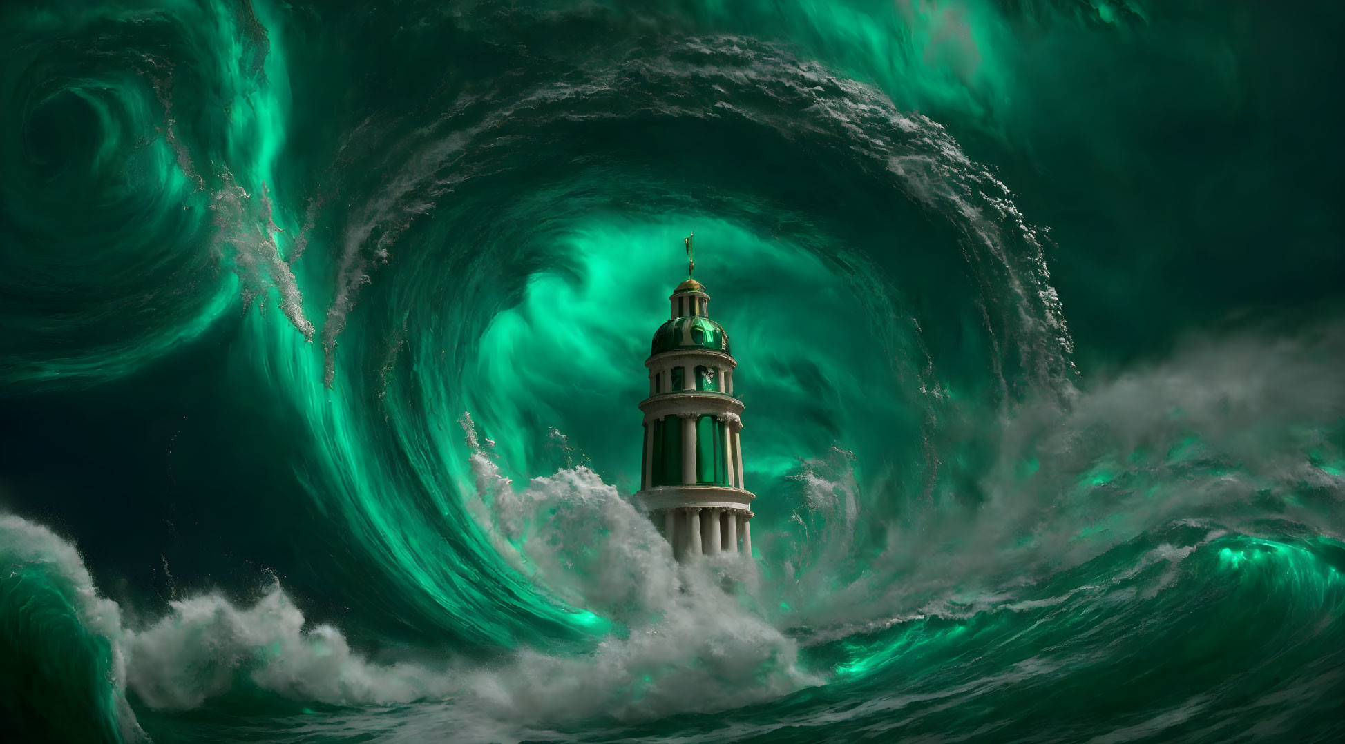 Lighthouse in surreal green whirlpool under stormy sky