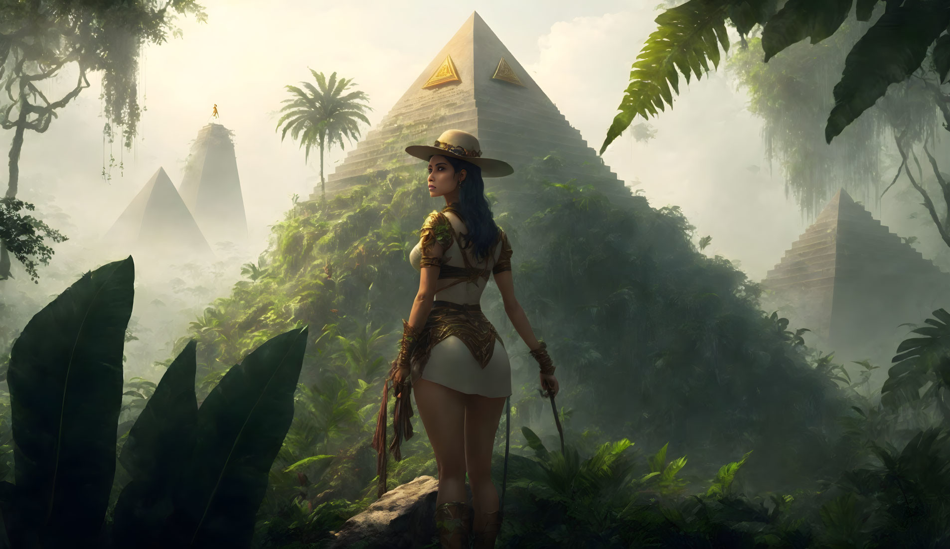 Female explorer in jungle with misty ancient pyramids