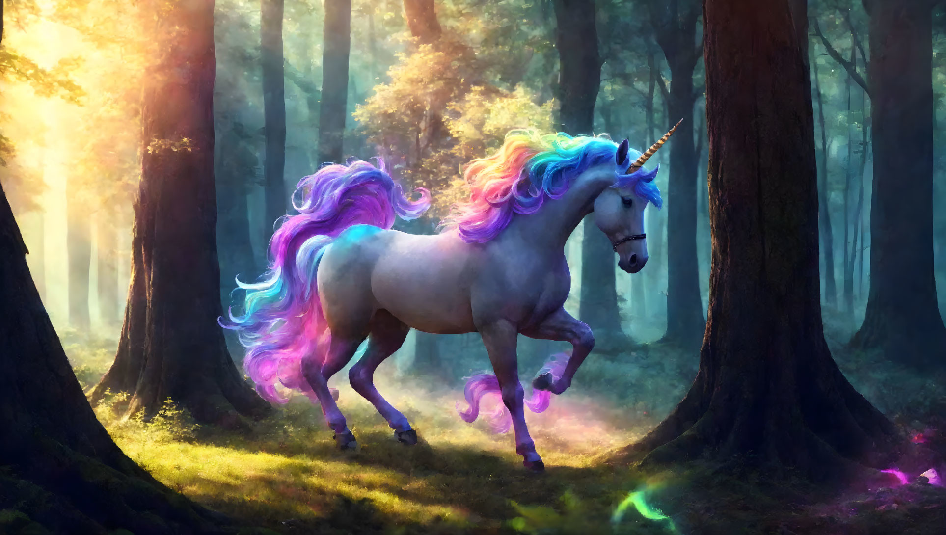 Majestic unicorn with rainbow mane in sunlit forest