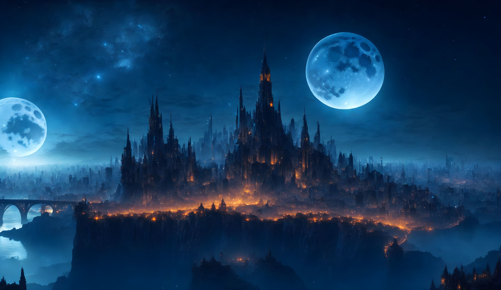 Fantastical cityscape with spired buildings under starry sky