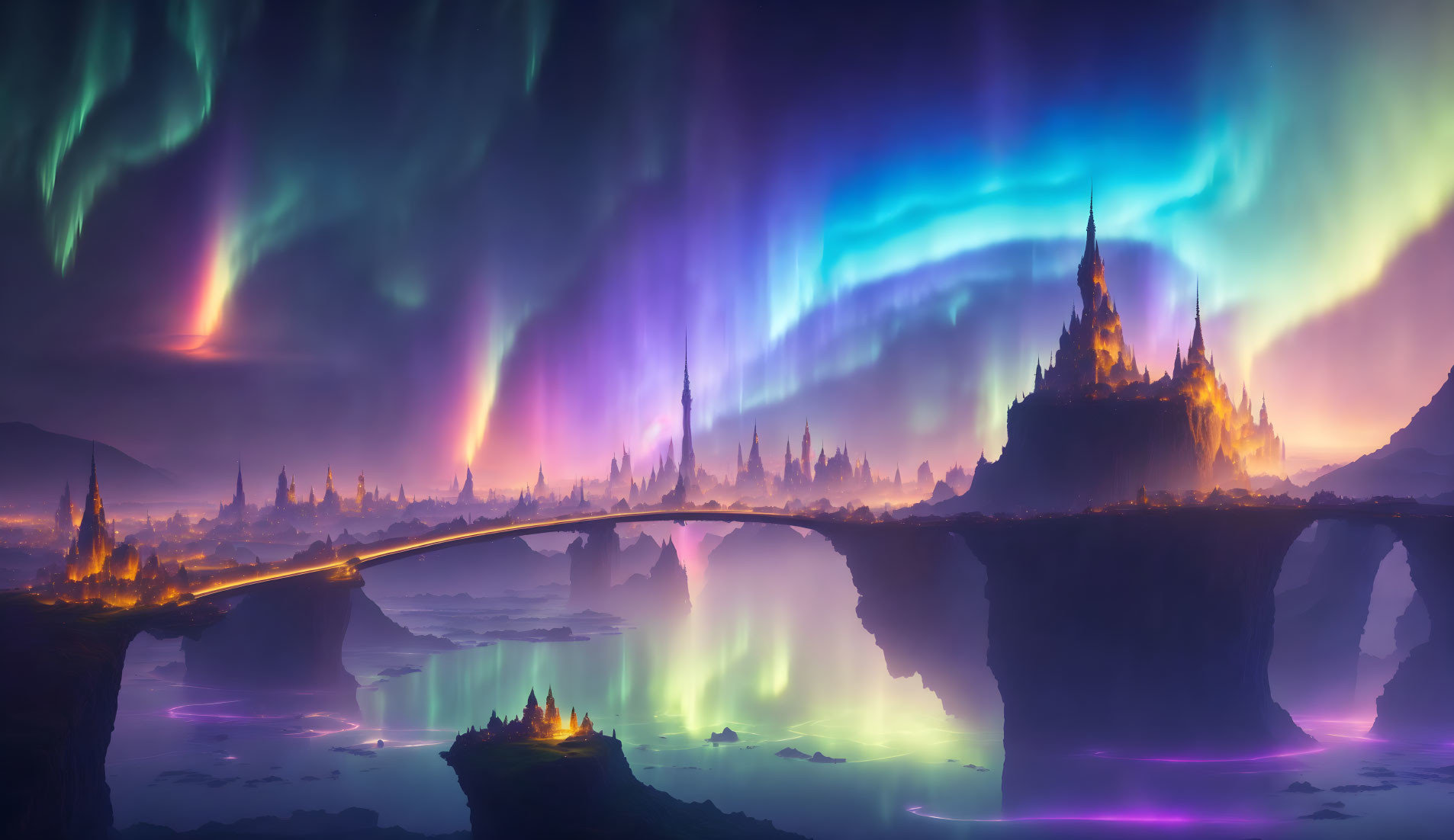 Fantastical twilight landscape with vibrant aurora borealis above illuminated castle on cliff and bridge over water