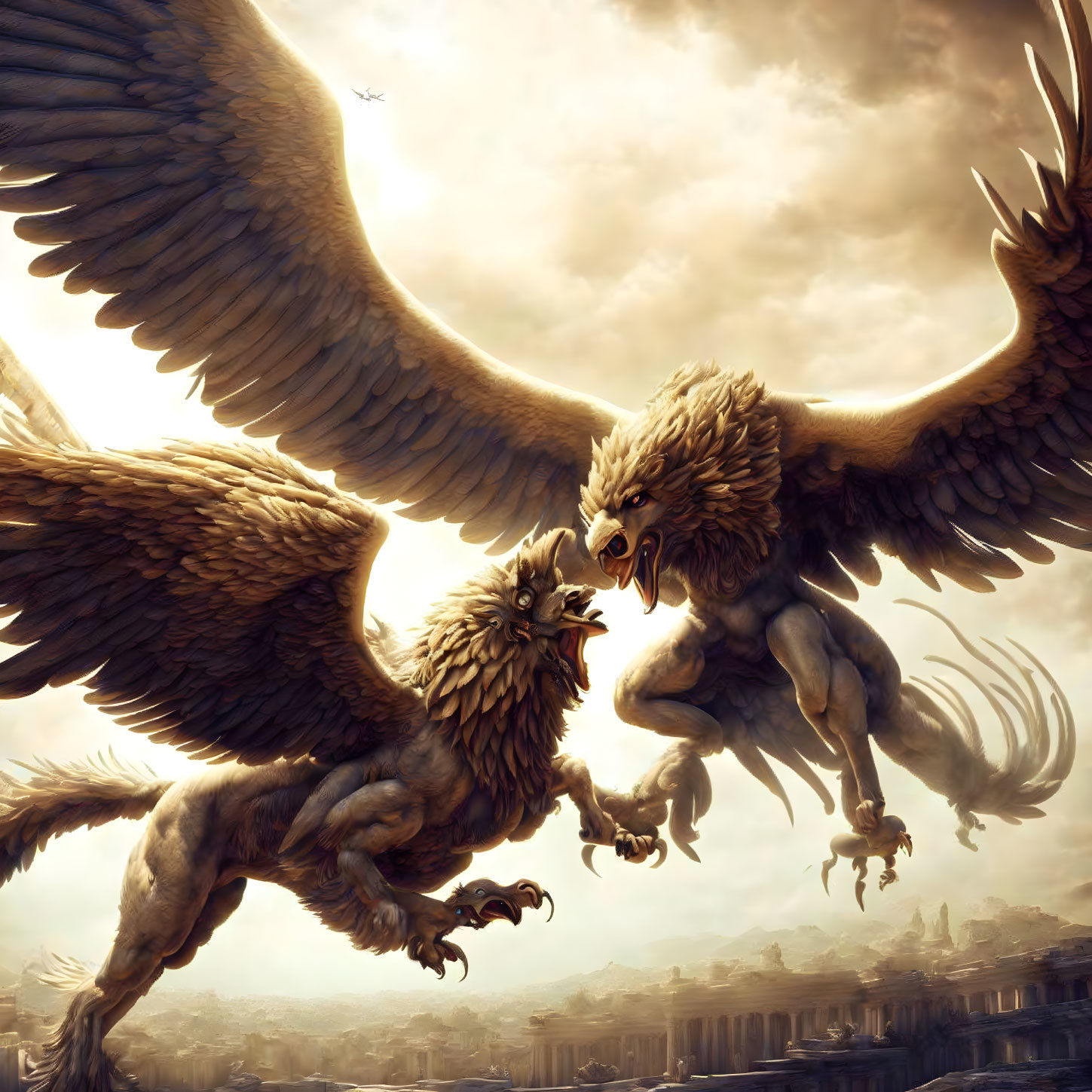 Majestic griffins clash mid-air in dramatic sky