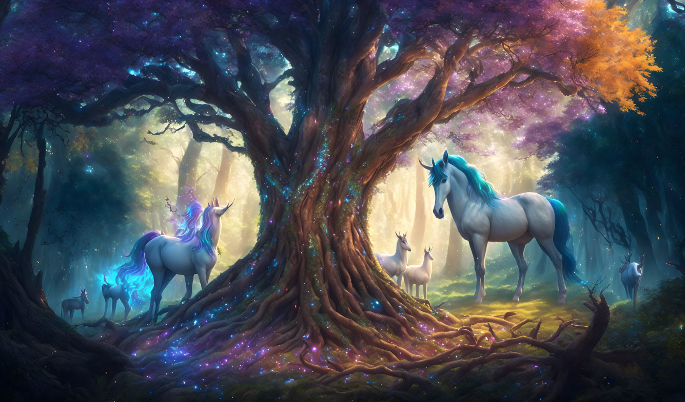 Enchanting forest scene with vibrant tree, unicorns, deer, ethereal light