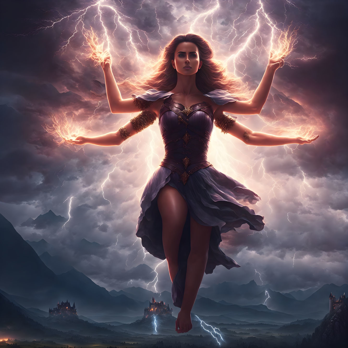 Mystical woman harnessing lightning in stormy landscape