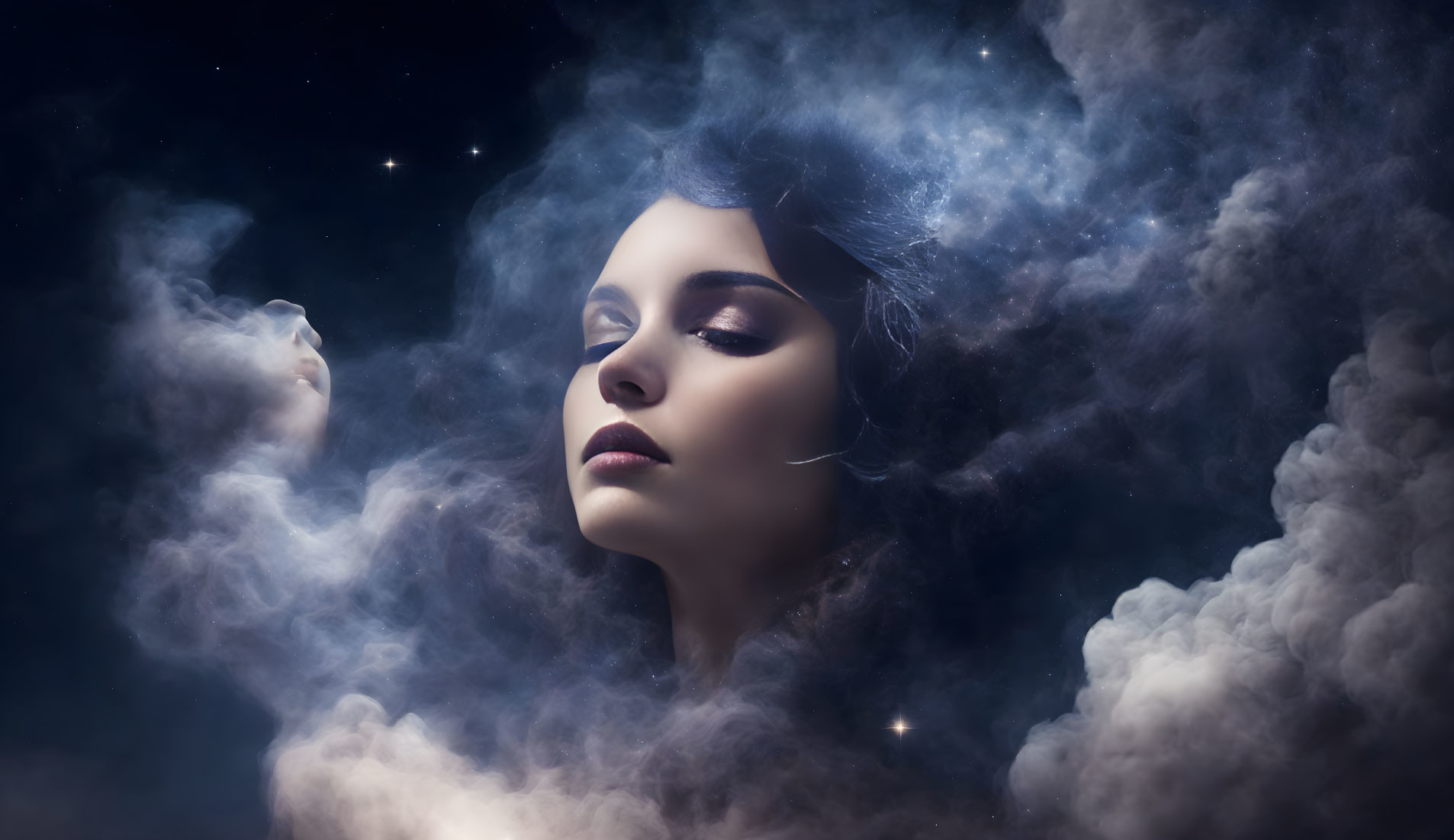 Portrait of a woman in swirling clouds and stars