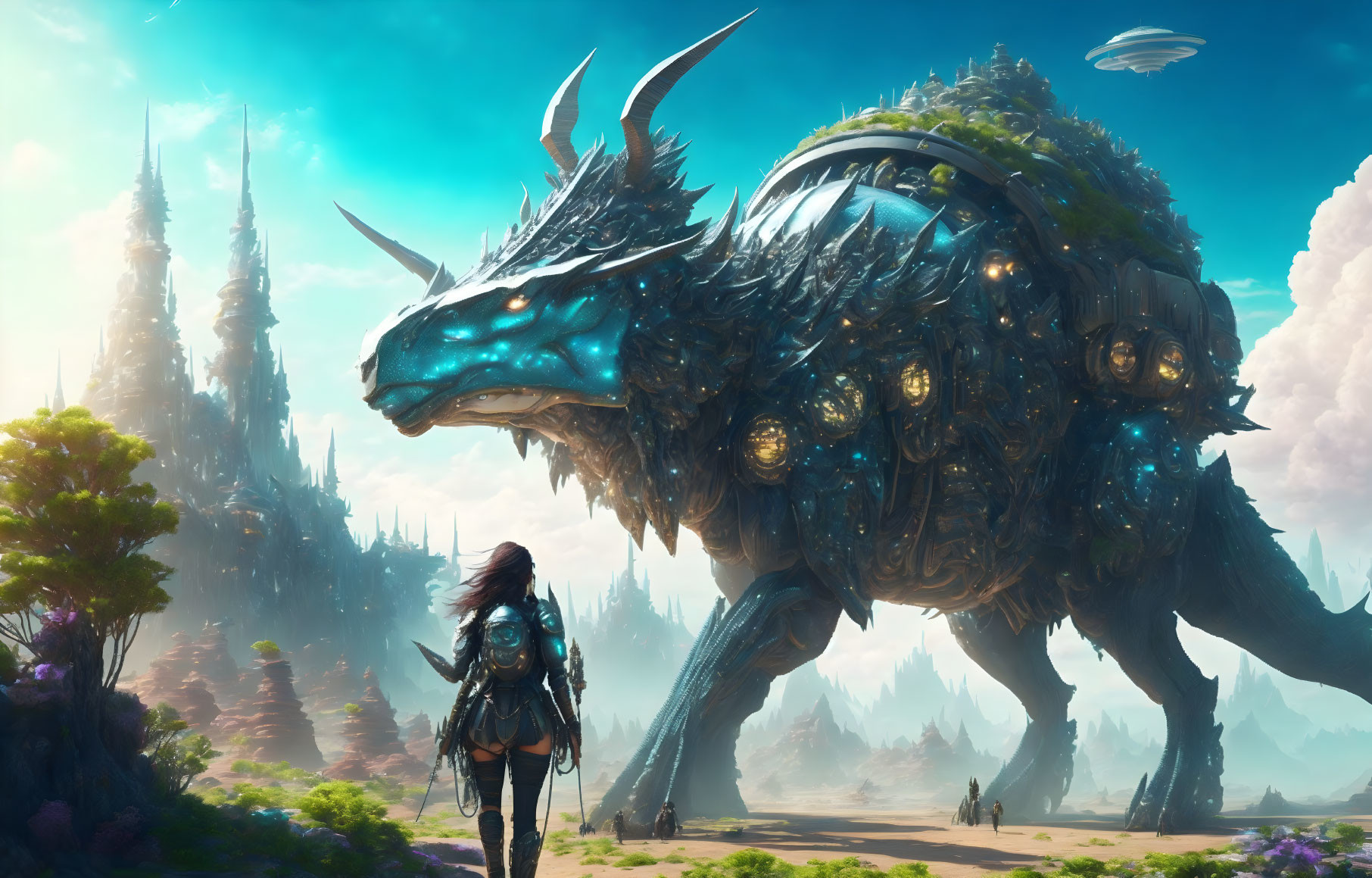 Person confronts glowing, horned creature in fantasy landscape