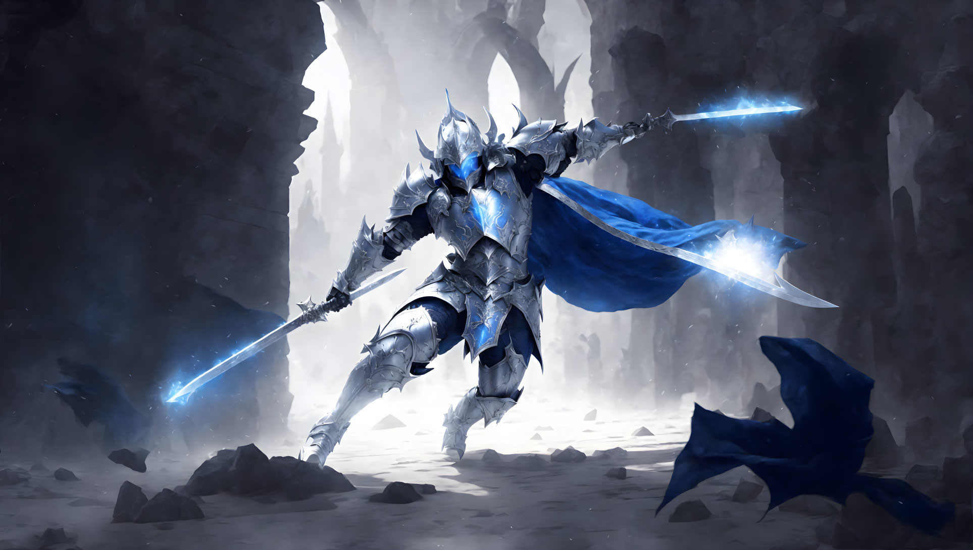 Warrior in Blue Armor with Glowing Sword and Shield on Rocky Terrain